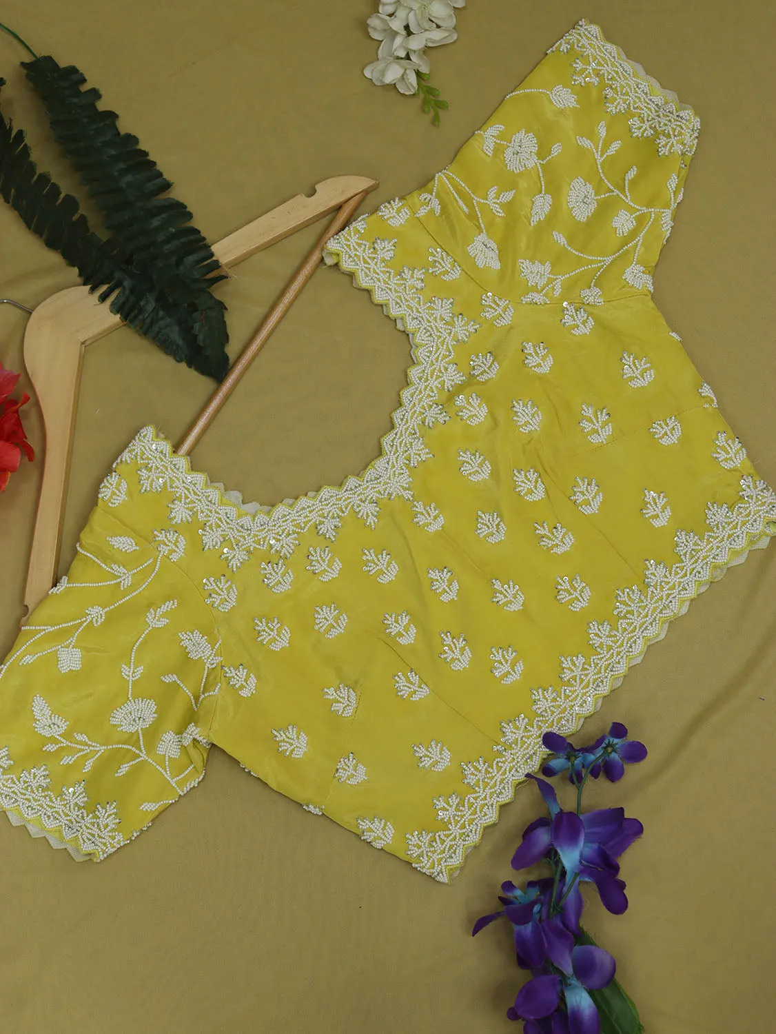 Stylish Yellow Crepe Blouse with Hand Embroidered Beads Work