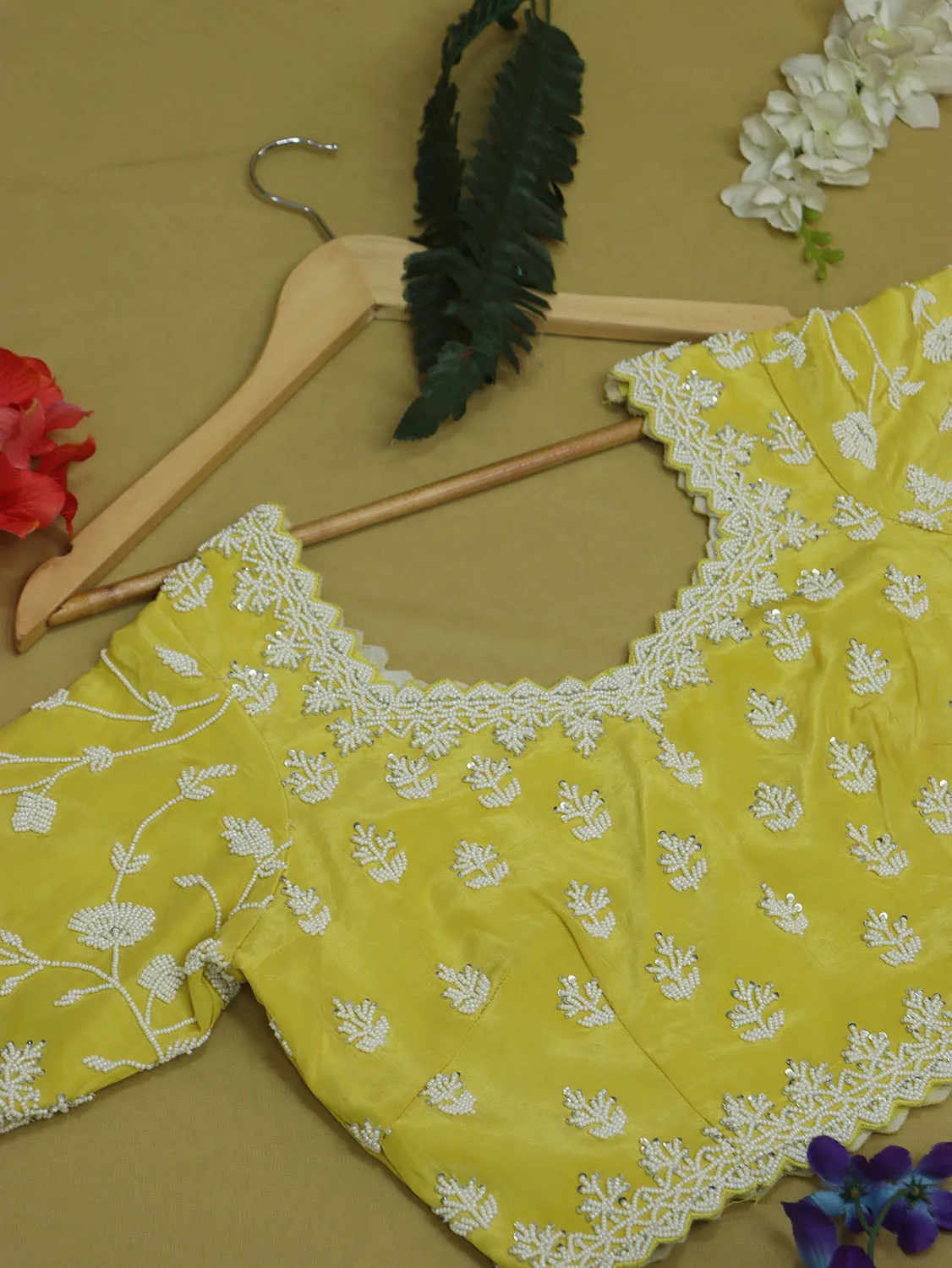 Stylish Yellow Crepe Blouse with Hand Embroidered Beads Work