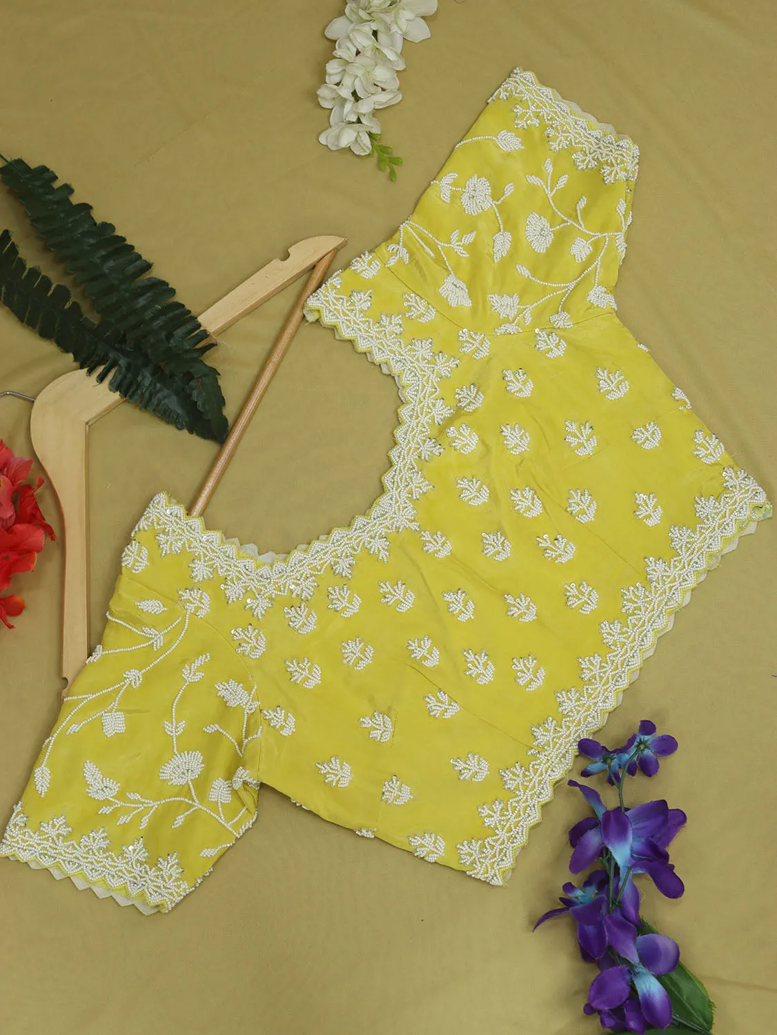 Stylish Yellow Crepe Blouse with Hand Embroidered Beads Work