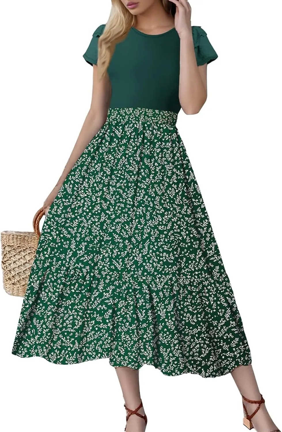 Summer Dresses for Women 2025 Boho Floral Maxi Dress Elegent Tropical Empire Waist Ruffle Sleeve Hem Beach Sundresses