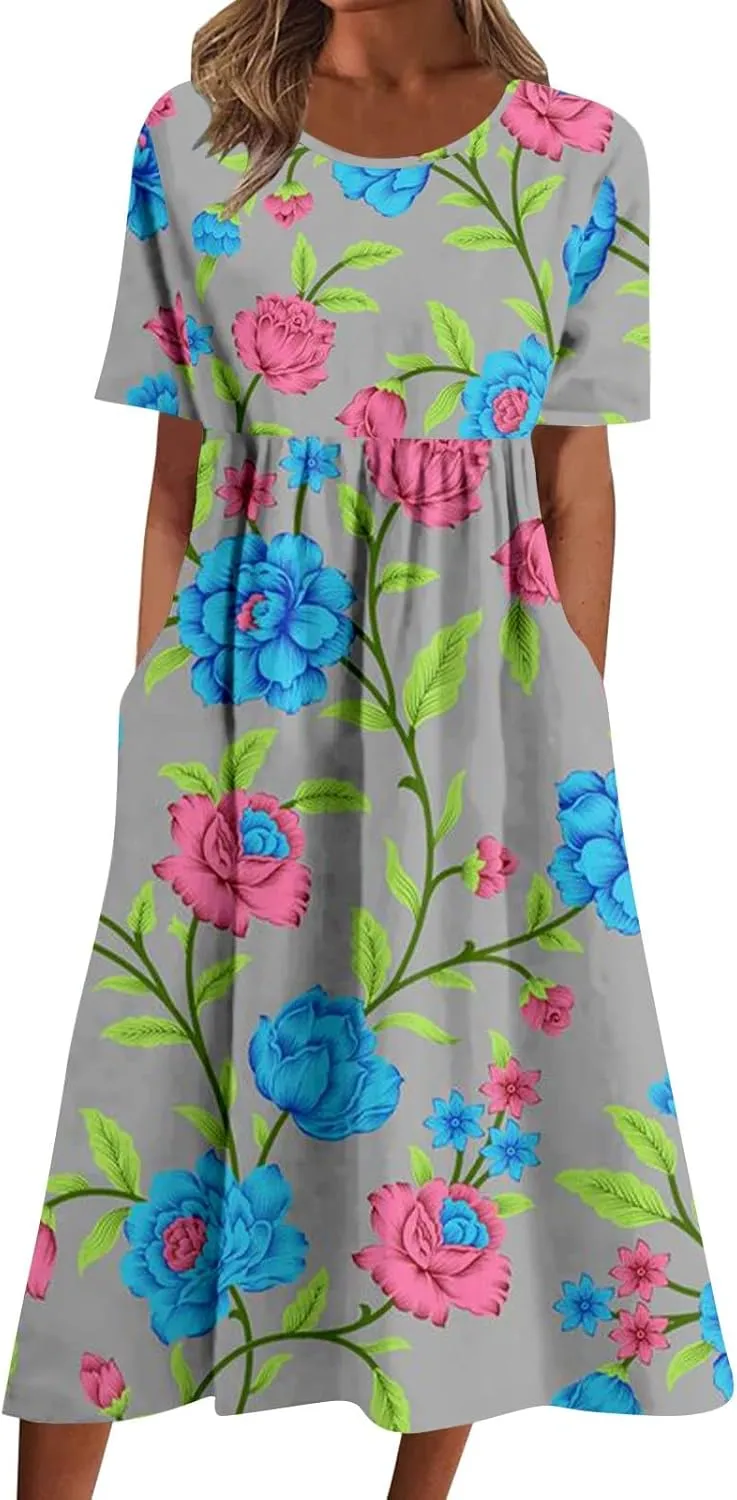 Summer Dresses for Women 2025 Floral Short Sleeve Casual T Shirt Dress Beach Party Sundresses Maxi Coverup with Pockets