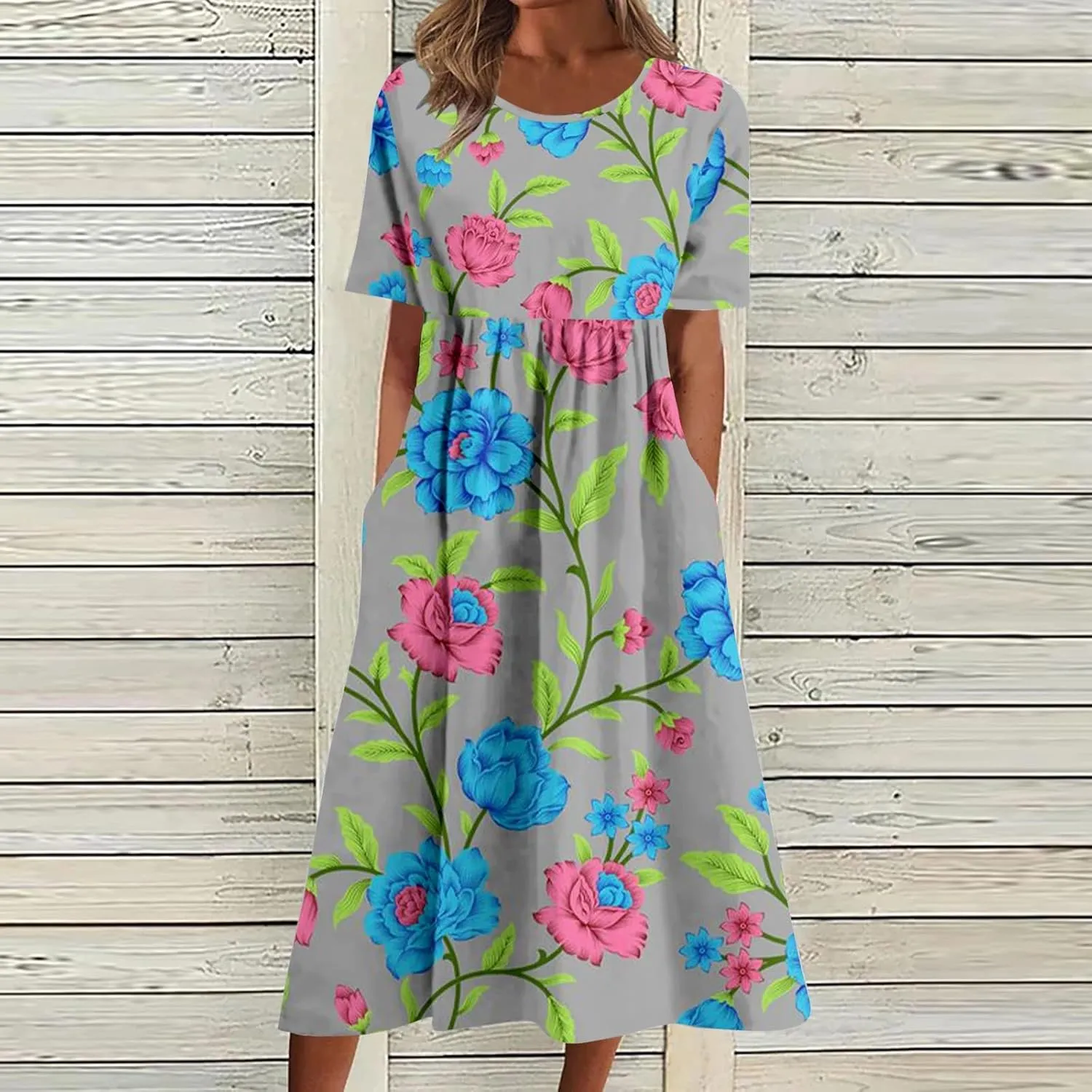 Summer Dresses for Women 2025 Floral Short Sleeve Casual T Shirt Dress Beach Party Sundresses Maxi Coverup with Pockets