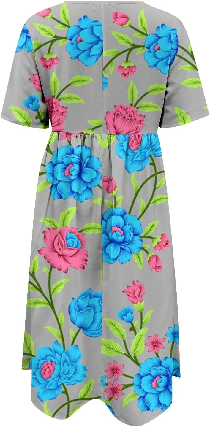 Summer Dresses for Women 2025 Floral Short Sleeve Casual T Shirt Dress Beach Party Sundresses Maxi Coverup with Pockets