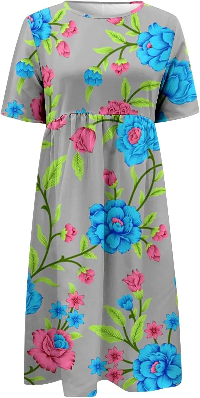 Summer Dresses for Women 2025 Floral Short Sleeve Casual T Shirt Dress Beach Party Sundresses Maxi Coverup with Pockets