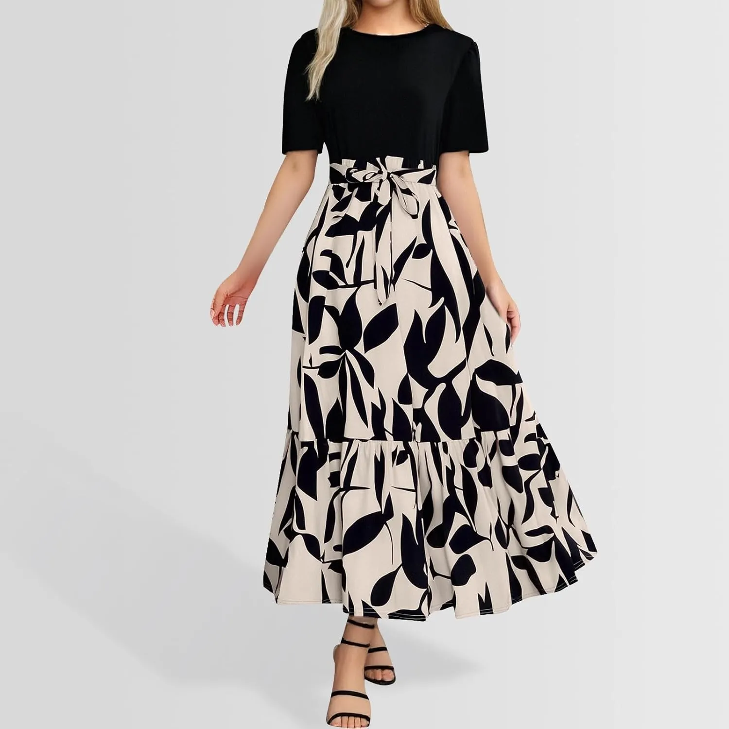 Summer Dresses for Women 2025 Tie Belted Patchwork Ruffle Hem A Line Boho Maxi Dress Short Sleeve Crewneck Long Dress