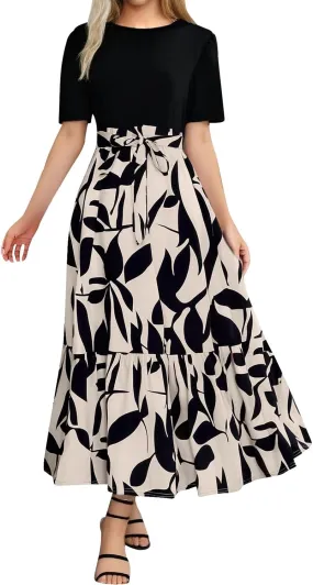 Summer Dresses for Women 2025 Tie Belted Patchwork Ruffle Hem A Line Boho Maxi Dress Short Sleeve Crewneck Long Dress