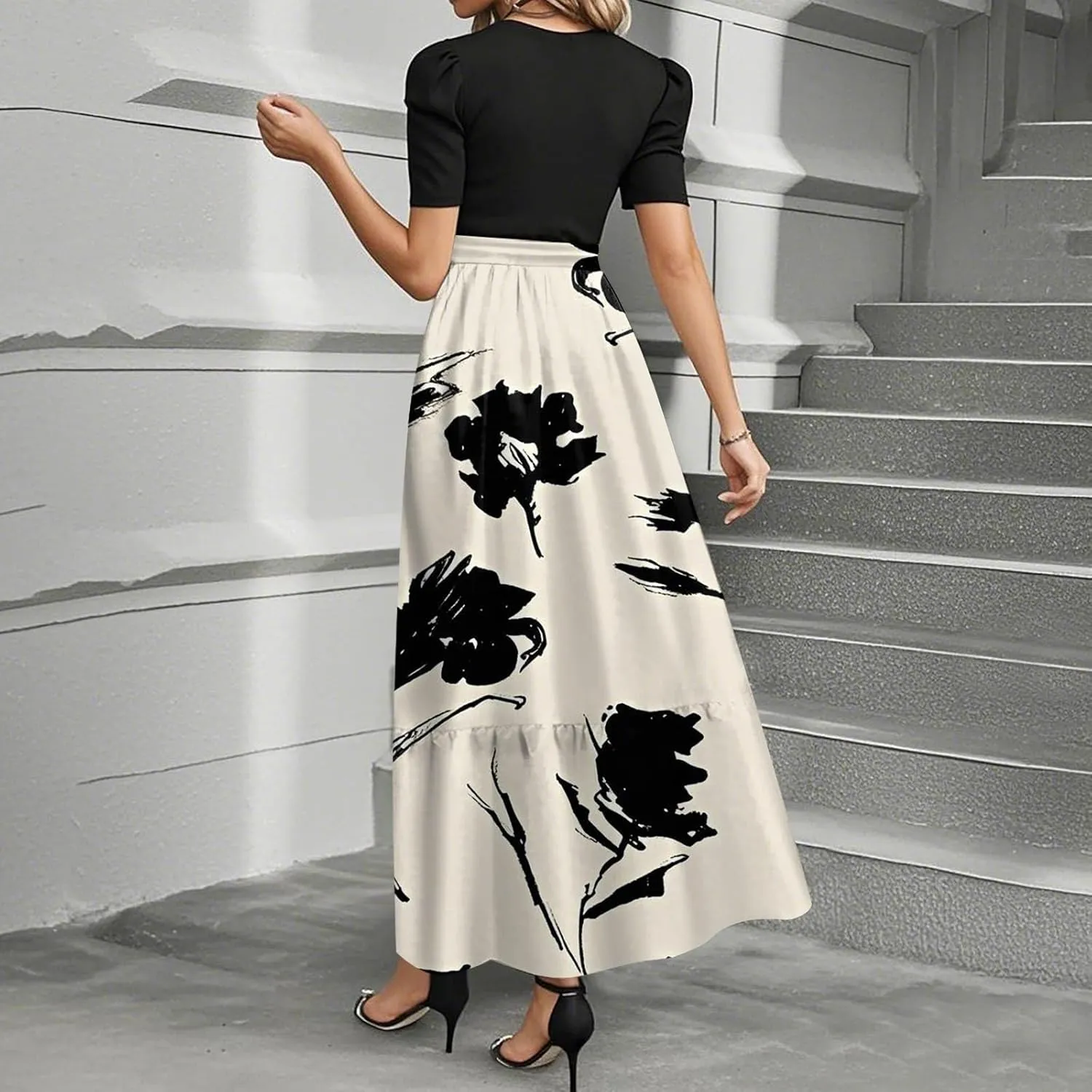 Summer Dresses for Women 2025 Wrap Puff Short Sleeve Floral Maxi Dress Patchwork Ruffle Hem A Line Teacher Dresses