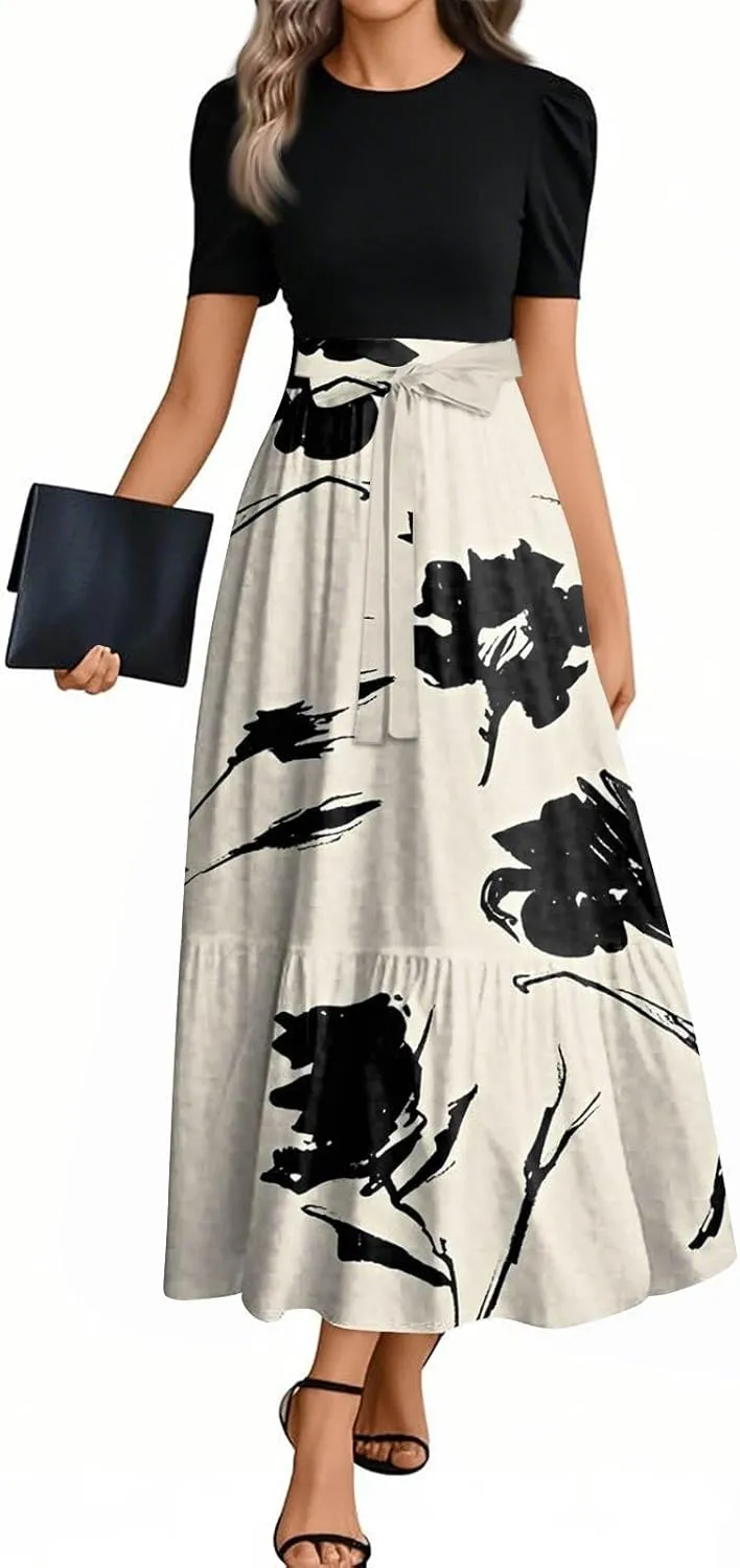 Summer Dresses for Women 2025 Wrap Puff Short Sleeve Floral Maxi Dress Patchwork Ruffle Hem A Line Teacher Dresses