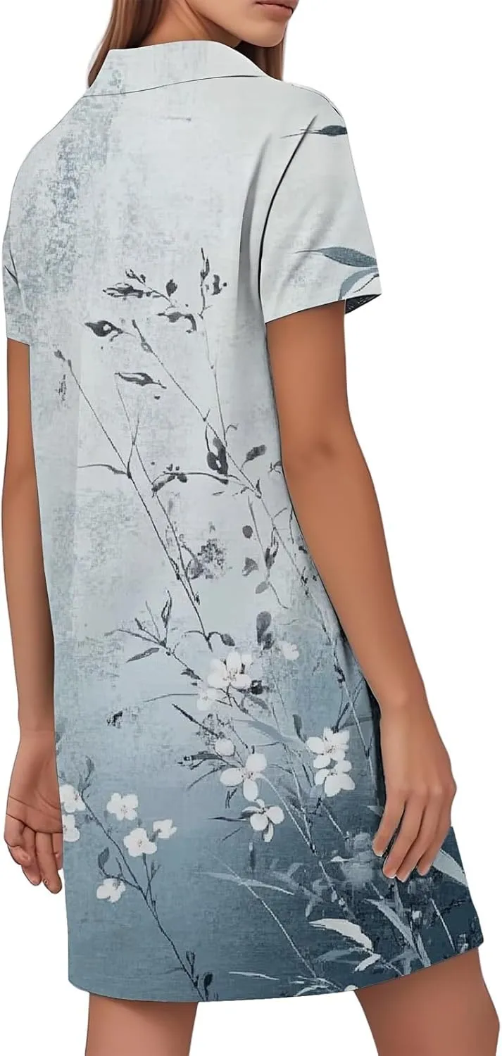 Summer Dresses for Women Casual Short Sleeve Lapel V-Neck Tshirt Dress Chic Collared Boho Floral Beach Sundress