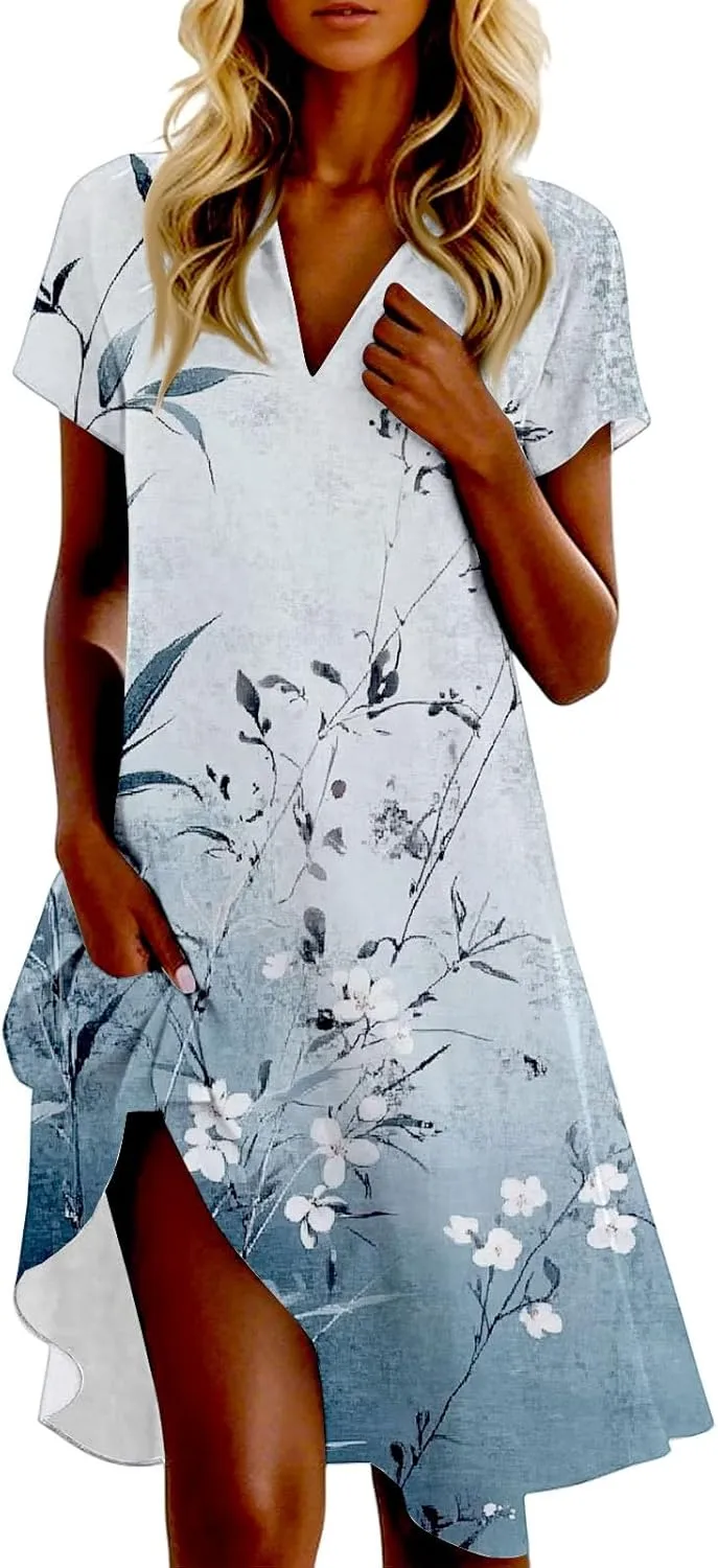 Summer Dresses for Women Casual Short Sleeve Lapel V-Neck Tshirt Dress Chic Collared Boho Floral Beach Sundress