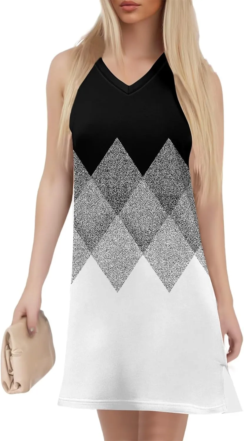 Summer Dresses for Women Casual V Neck Sleeveless Geometric Print Chic Loose Beach Short Shift Dress with Split