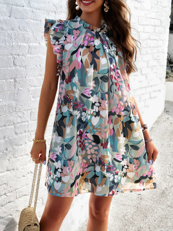 Summer Print Sleeveless Tunic Sundress with Frill Accents