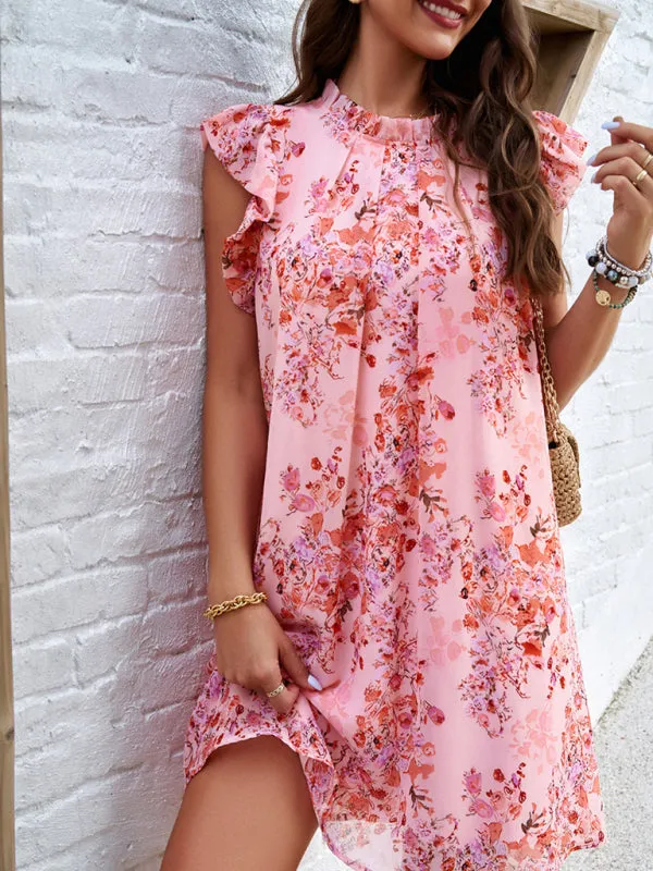 Summer Print Sleeveless Tunic Sundress with Frill Accents