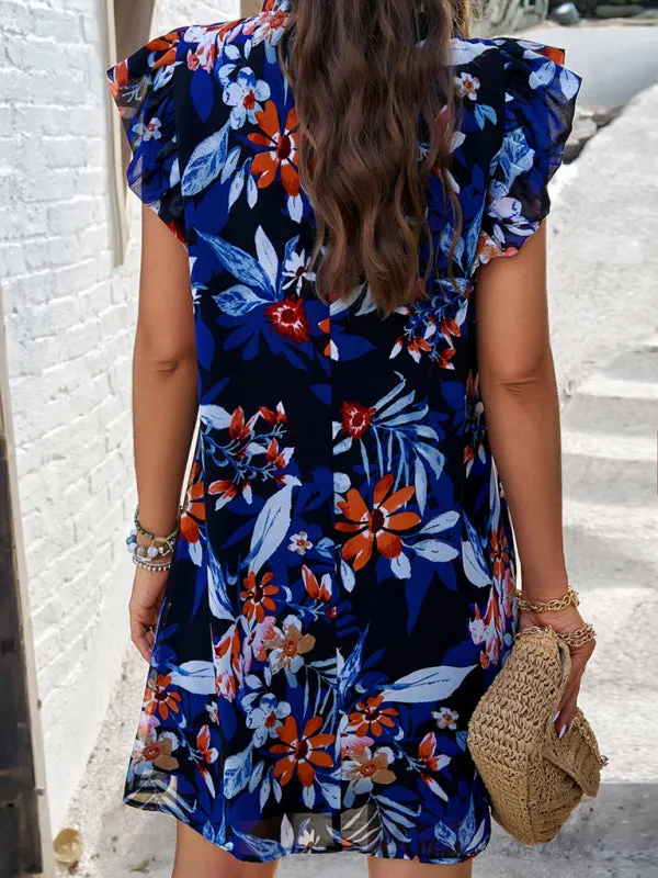 Summer Print Sleeveless Tunic Sundress with Frill Accents
