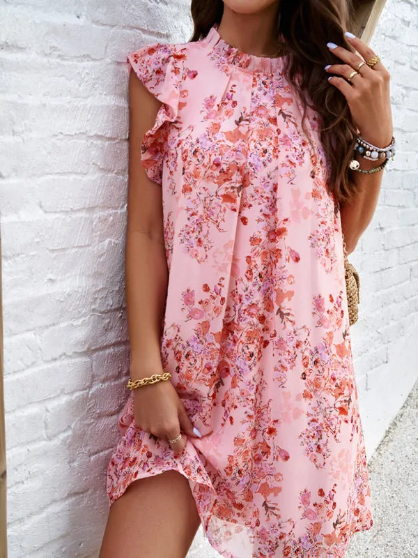 Summer Print Sleeveless Tunic Sundress with Frill Accents