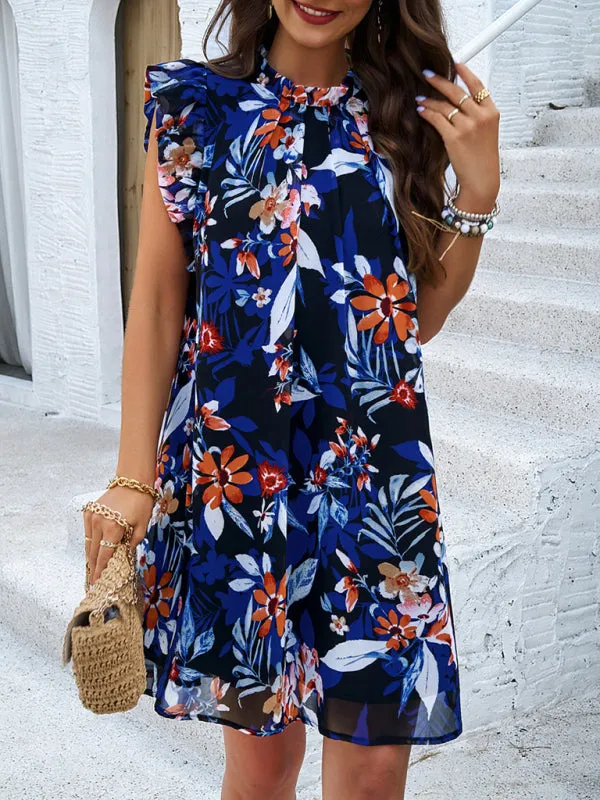 Summer Print Sleeveless Tunic Sundress with Frill Accents