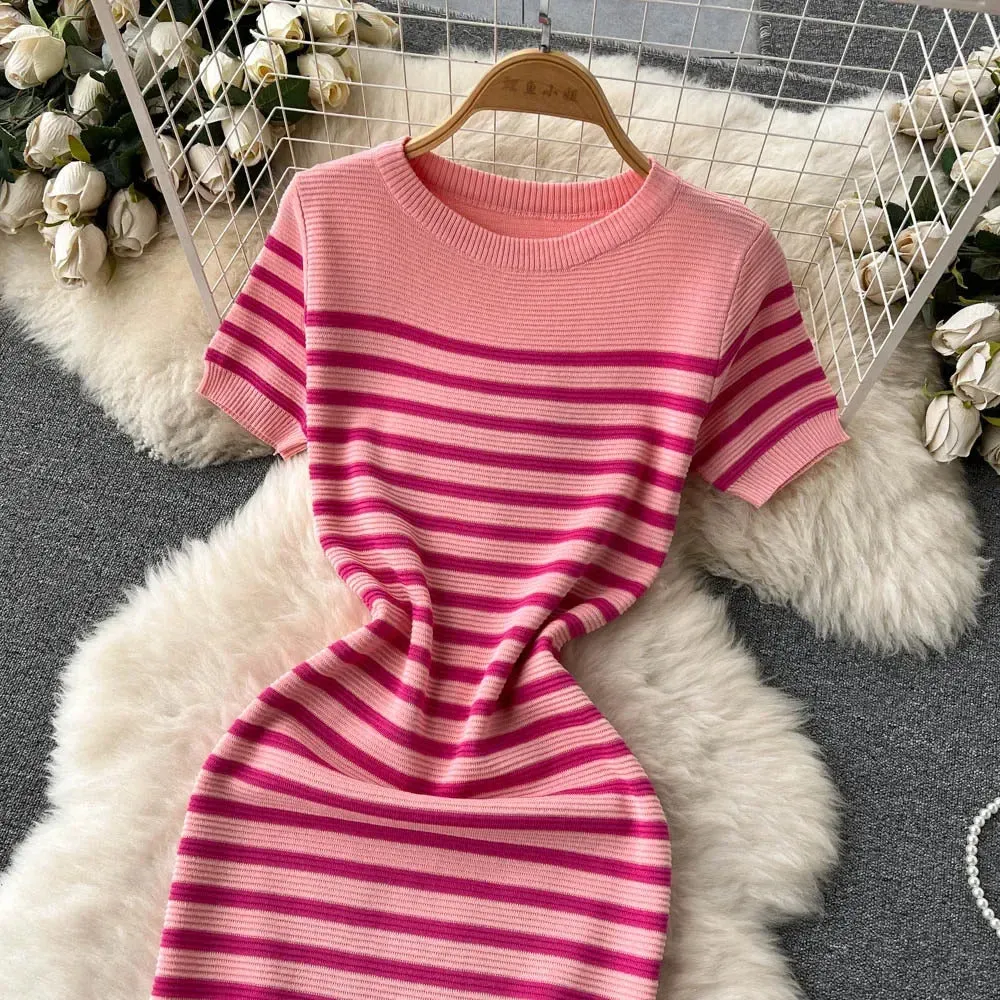 Summer Striped Beach Knitted Dress O Neck Short Sleeves Chic Hotsweet Slim Sundress Streetwear Y2K Bodycon Midi Dress
