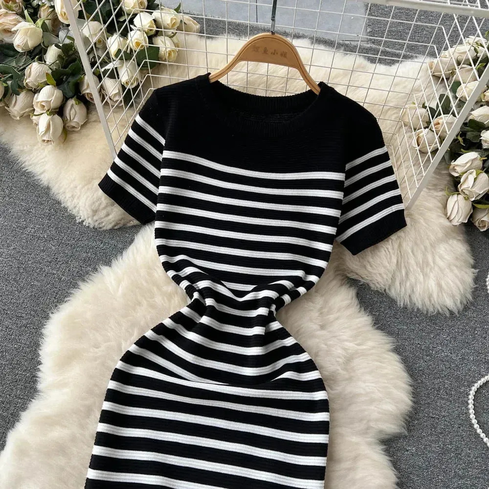 Summer Striped Beach Knitted Dress O Neck Short Sleeves Chic Hotsweet Slim Sundress Streetwear Y2K Bodycon Midi Dress