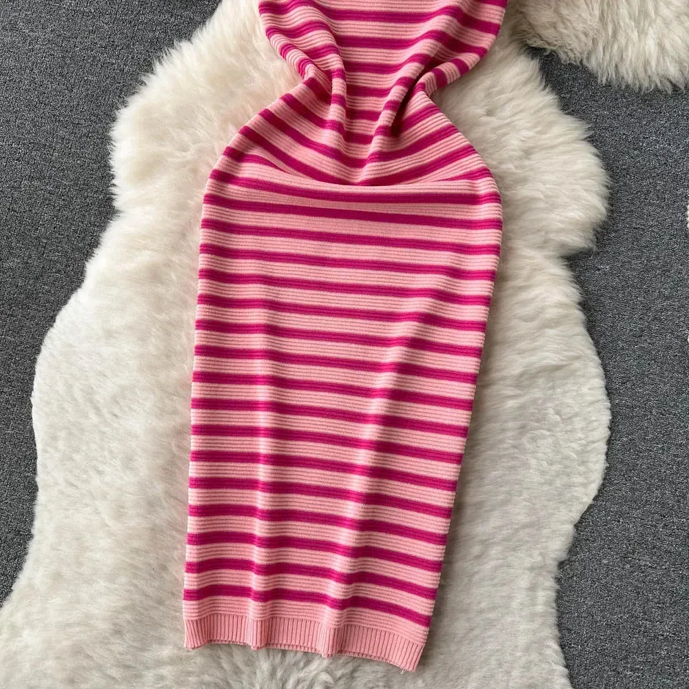 Summer Striped Beach Knitted Dress O Neck Short Sleeves Chic Hotsweet Slim Sundress Streetwear Y2K Bodycon Midi Dress