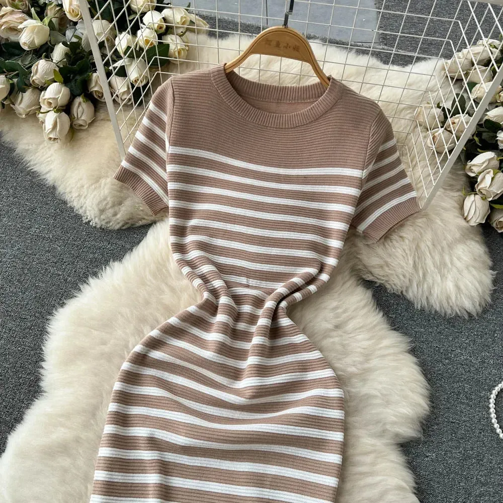 Summer Striped Beach Knitted Dress O Neck Short Sleeves Chic Hotsweet Slim Sundress Streetwear Y2K Bodycon Midi Dress