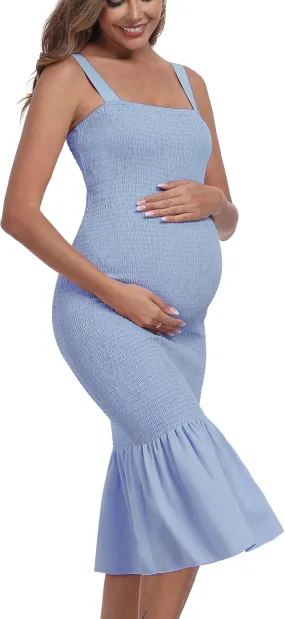 Summer Tank Maternity Dress Sleeveless Strappy Midi Bodycon Square Neck Ruffle Mermaid Smocked Dress for Baby Shower