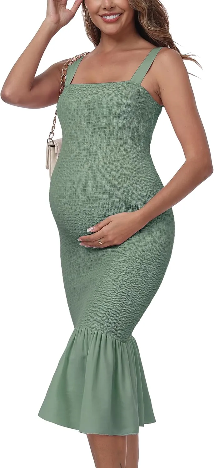Summer Tank Maternity Dress Sleeveless Strappy Midi Bodycon Square Neck Ruffle Mermaid Smocked Dress for Baby Shower