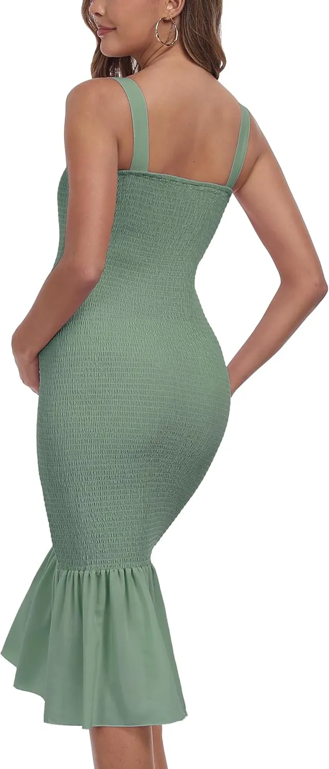 Summer Tank Maternity Dress Sleeveless Strappy Midi Bodycon Square Neck Ruffle Mermaid Smocked Dress for Baby Shower