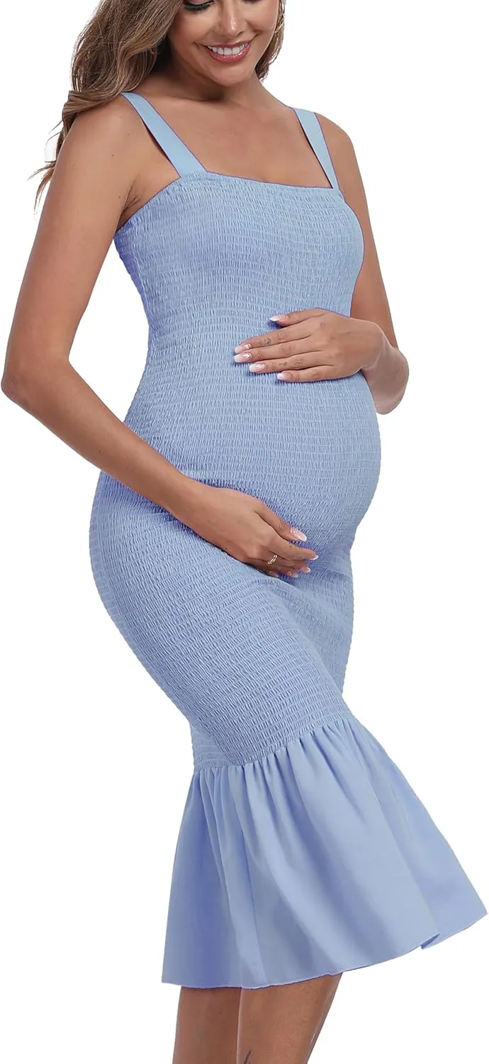 Summer Tank Maternity Dress Sleeveless Strappy Midi Bodycon Square Neck Ruffle Mermaid Smocked Dress for Baby Shower