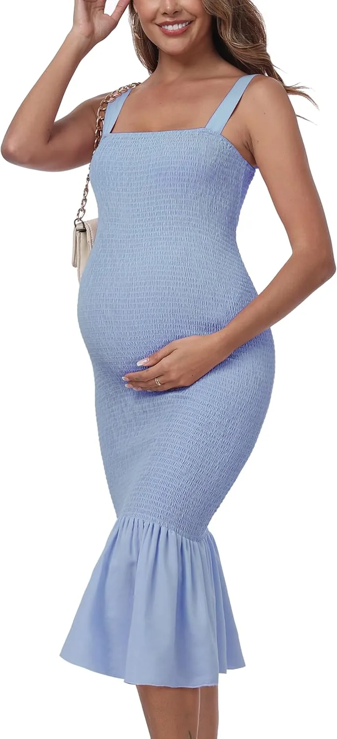 Summer Tank Maternity Dress Sleeveless Strappy Midi Bodycon Square Neck Ruffle Mermaid Smocked Dress for Baby Shower