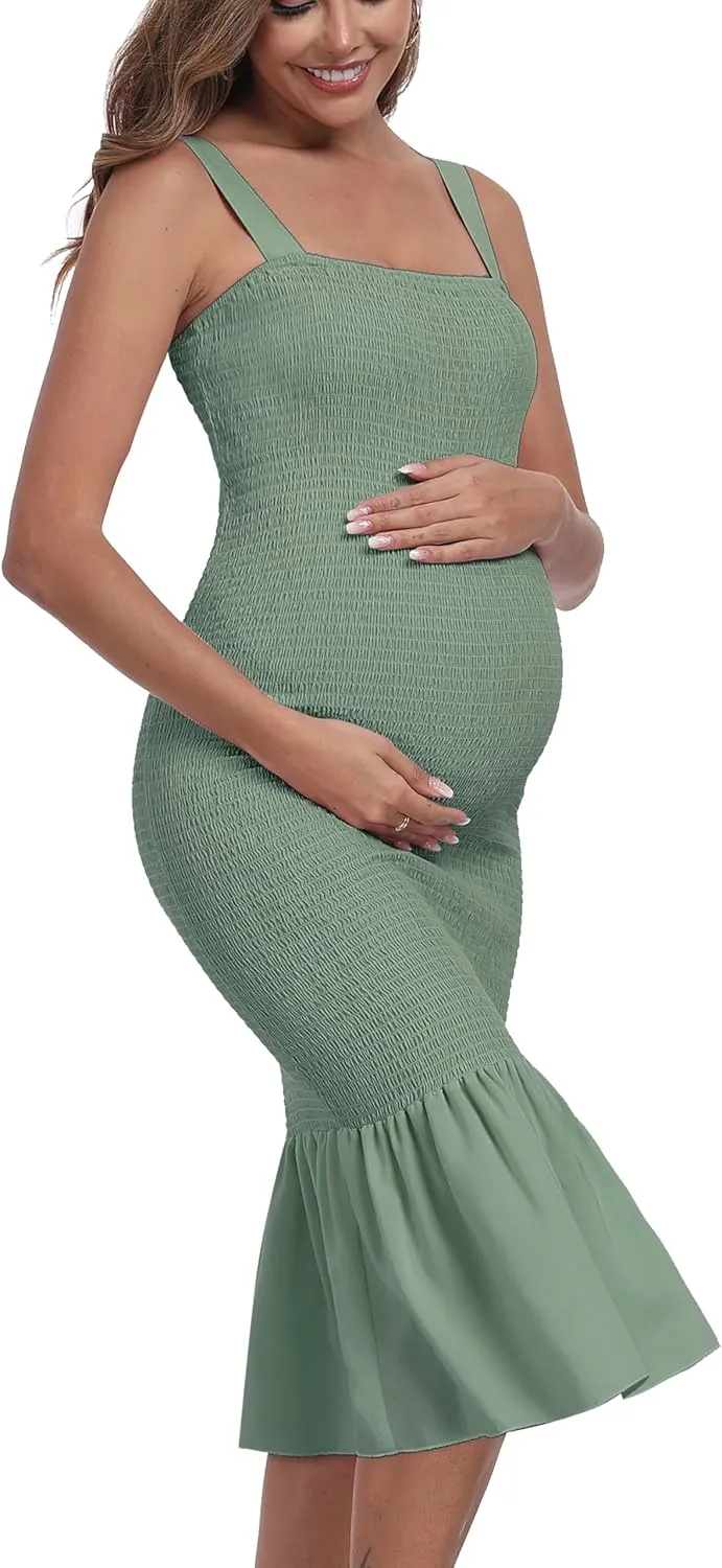 Summer Tank Maternity Dress Sleeveless Strappy Midi Bodycon Square Neck Ruffle Mermaid Smocked Dress for Baby Shower