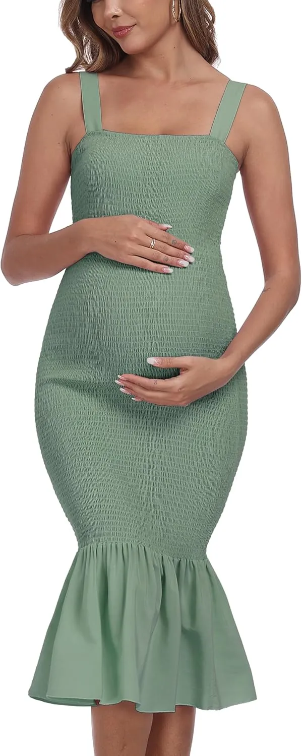 Summer Tank Maternity Dress Sleeveless Strappy Midi Bodycon Square Neck Ruffle Mermaid Smocked Dress for Baby Shower