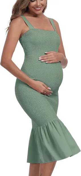 Summer Tank Maternity Dress Sleeveless Strappy Midi Bodycon Square Neck Ruffle Mermaid Smocked Dress for Baby Shower