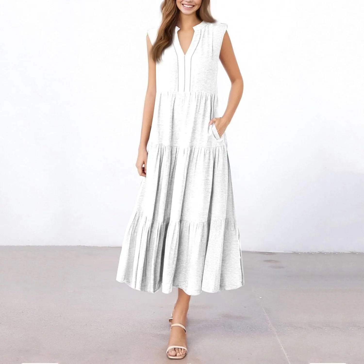 Sundresses for Women Casual Summer Ruffle Sleeve Sweetheart V-Neck Printing Dresses Boho Prom Maxi Short Sleeve Dress