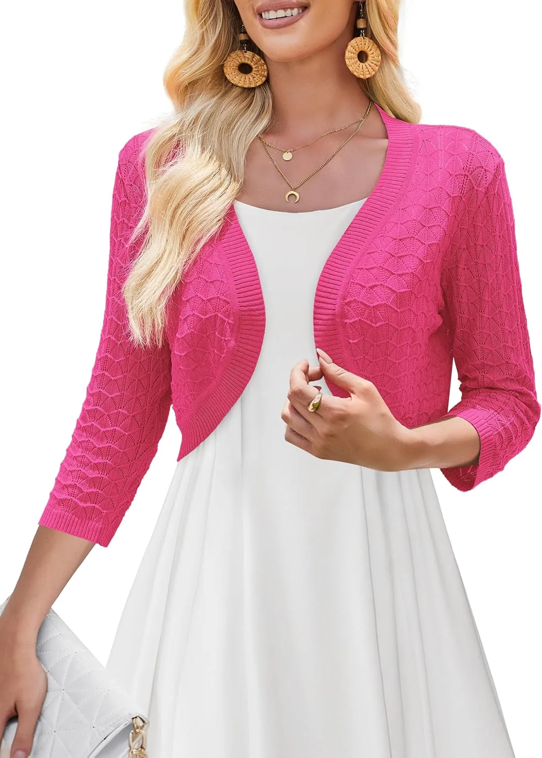Tralilbee Women's 3/4 Sleeve Cropped Cardigan Knit Bolero Shrug Cardigan Sweater for Women S-XL
