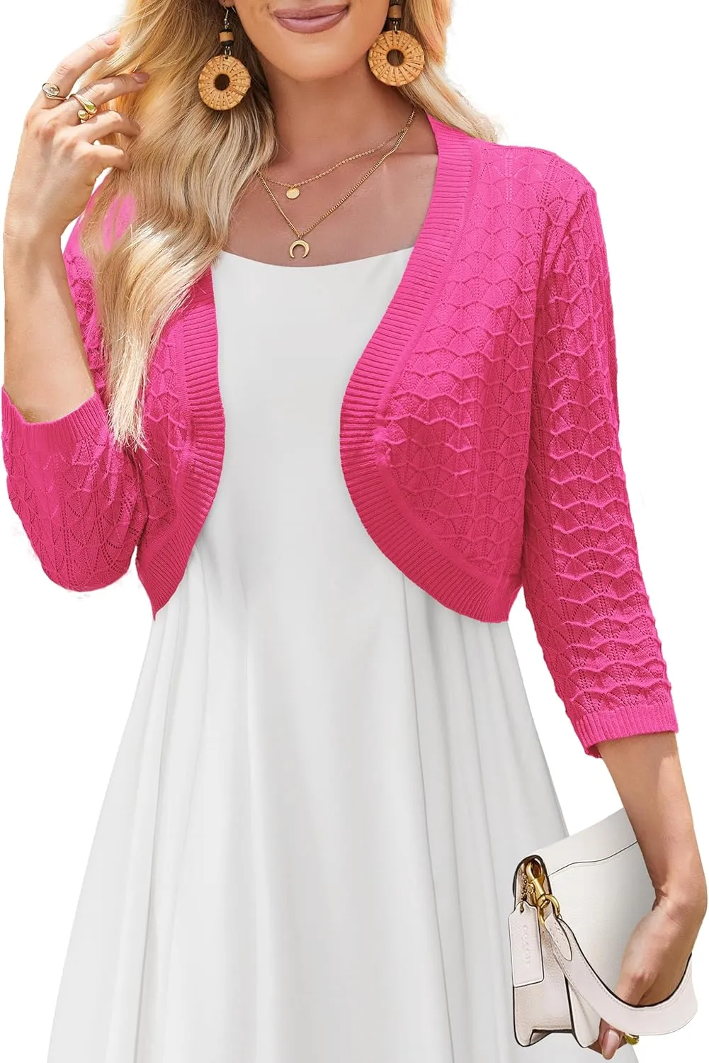 Tralilbee Women's 3/4 Sleeve Cropped Cardigan Knit Bolero Shrug Cardigan Sweater for Women S-XL