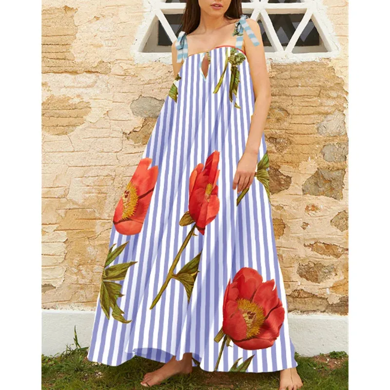 Tulip Print Vacation Off-Shoulder Loose Maxi Dress