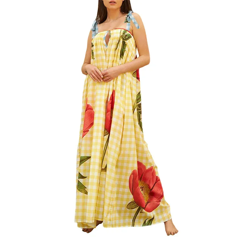 Tulip Print Vacation Off-Shoulder Loose Maxi Dress