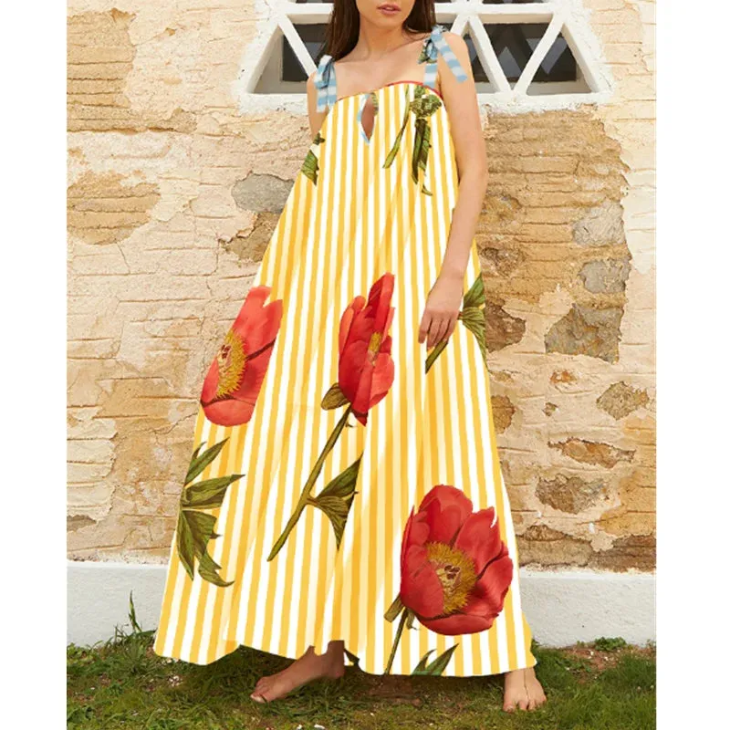 Tulip Print Vacation Off-Shoulder Loose Maxi Dress