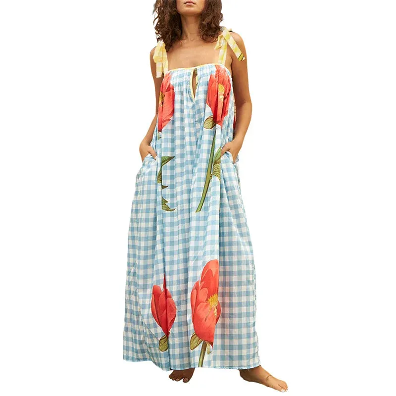 Tulip Print Vacation Off-Shoulder Loose Maxi Dress
