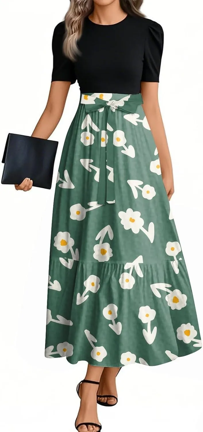 Wedding Guest Dresses for Women Summer Flowy Short Sleeve Floral Long Dress Elegant Party Cocktail A Line Flowy Maxi Dress