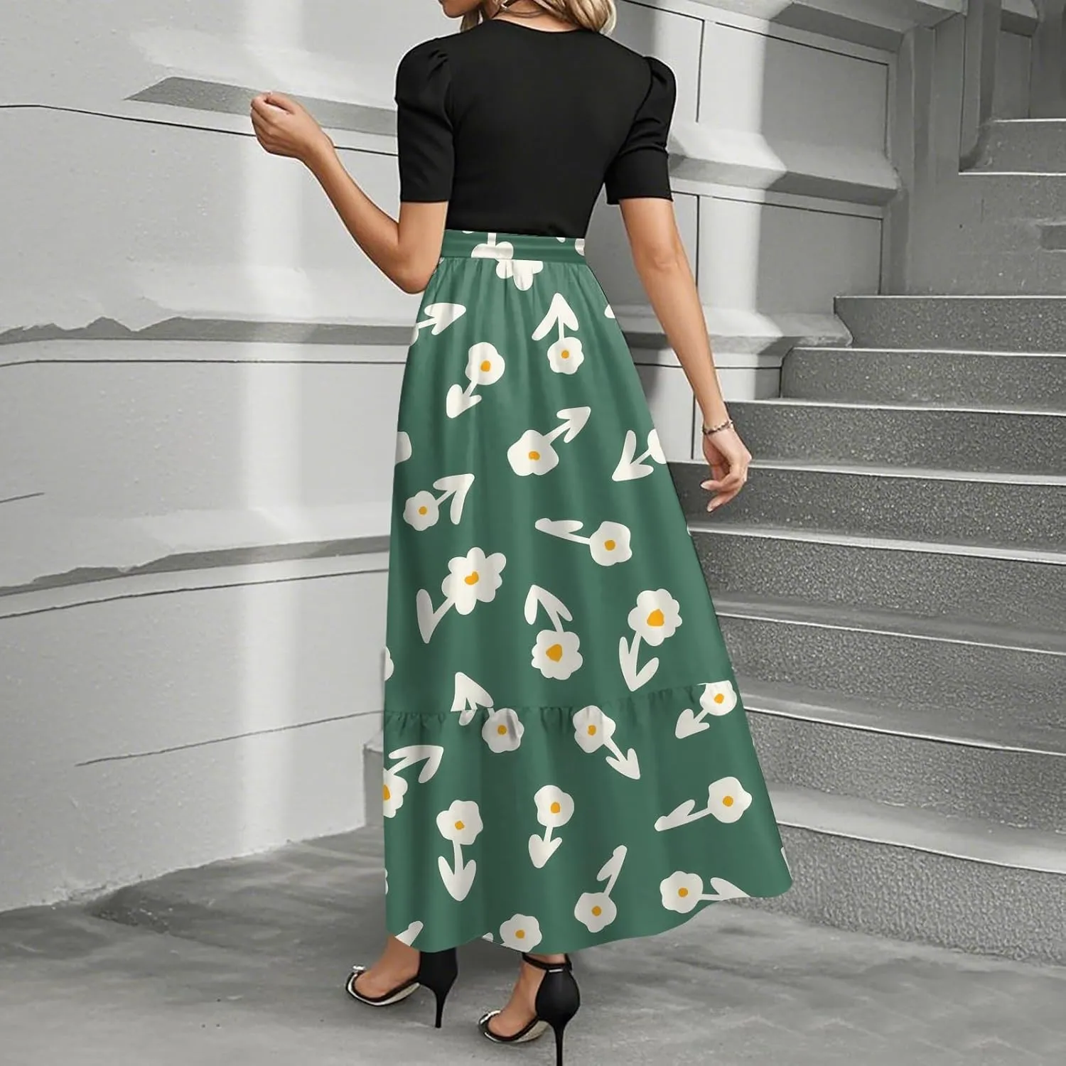 Wedding Guest Dresses for Women Summer Flowy Short Sleeve Floral Long Dress Elegant Party Cocktail A Line Flowy Maxi Dress
