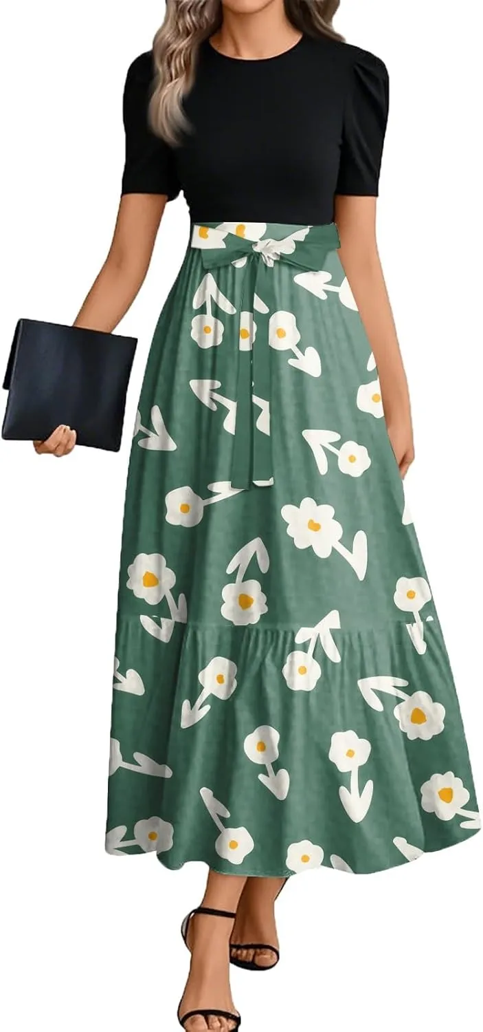 Wedding Guest Dresses for Women Summer Flowy Short Sleeve Floral Long Dress Elegant Party Cocktail A Line Flowy Maxi Dress