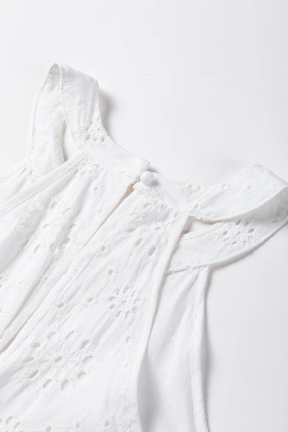 White Lace Eyelet Sleeveless O-Neck Keyhole Back Mini Dress