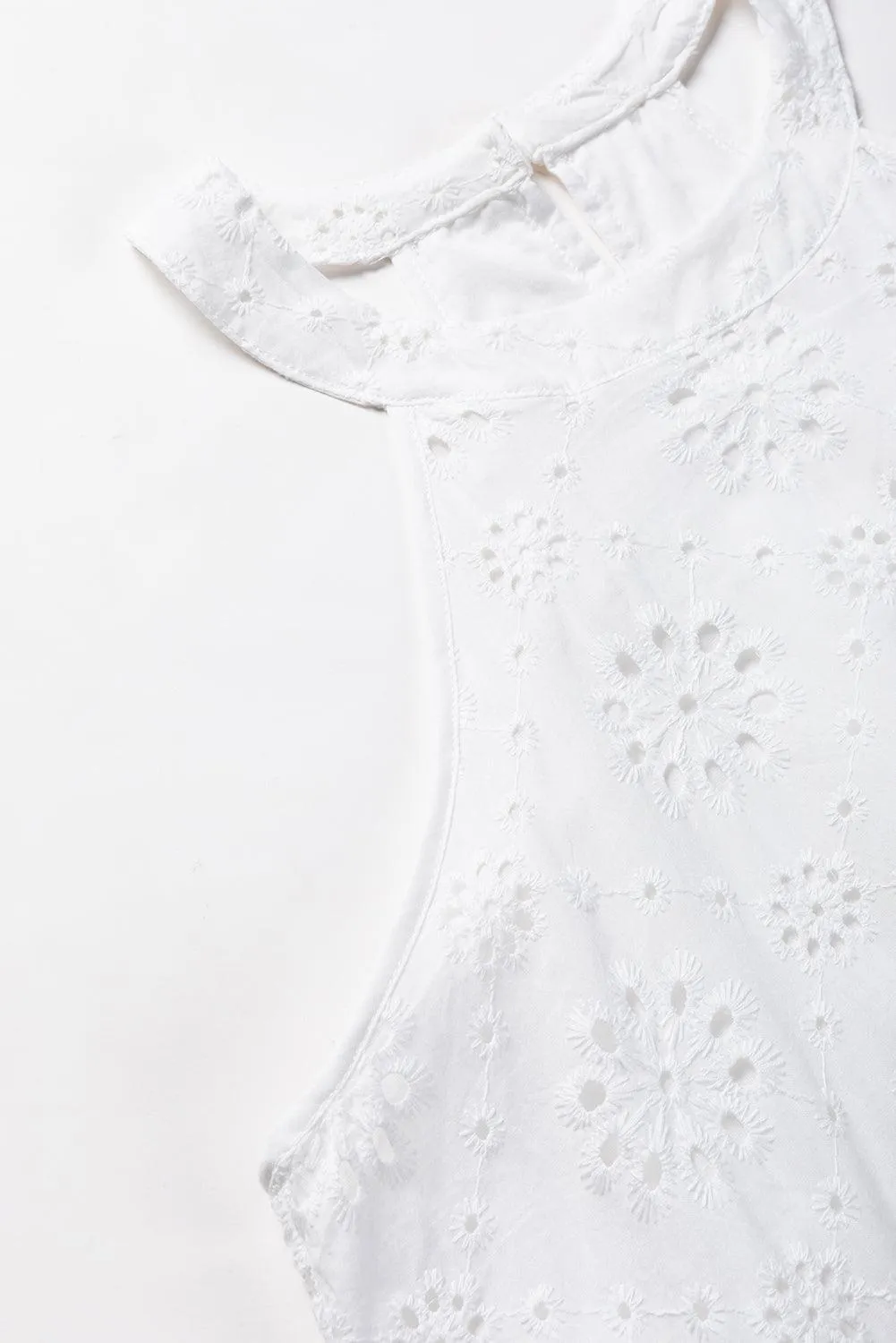 White Lace Eyelet Sleeveless O-Neck Keyhole Back Mini Dress