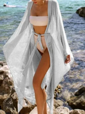 White Sheer Long Beach Swimwear Bikini Cover Up Kimono