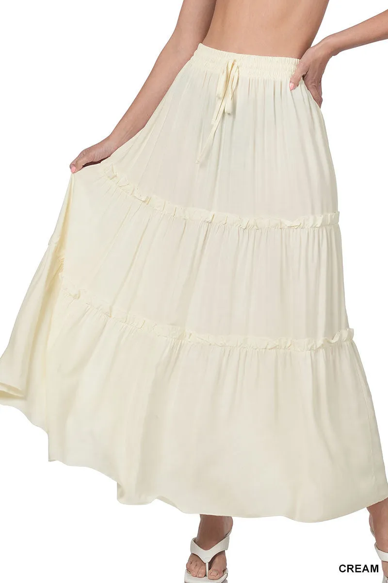 Women Boho Elastic Drawstring Waist Tiered Ruffle A-Line Woven Maxi Skirt