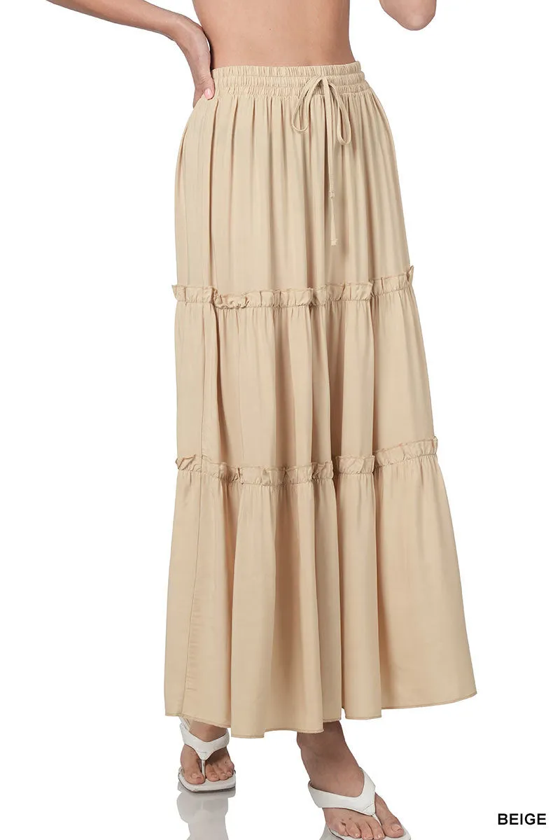 Women Boho Elastic Drawstring Waist Tiered Ruffle A-Line Woven Maxi Skirt