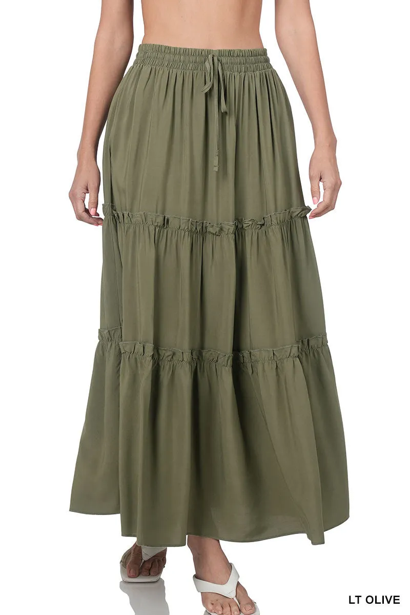Women Boho Elastic Drawstring Waist Tiered Ruffle A-Line Woven Maxi Skirt