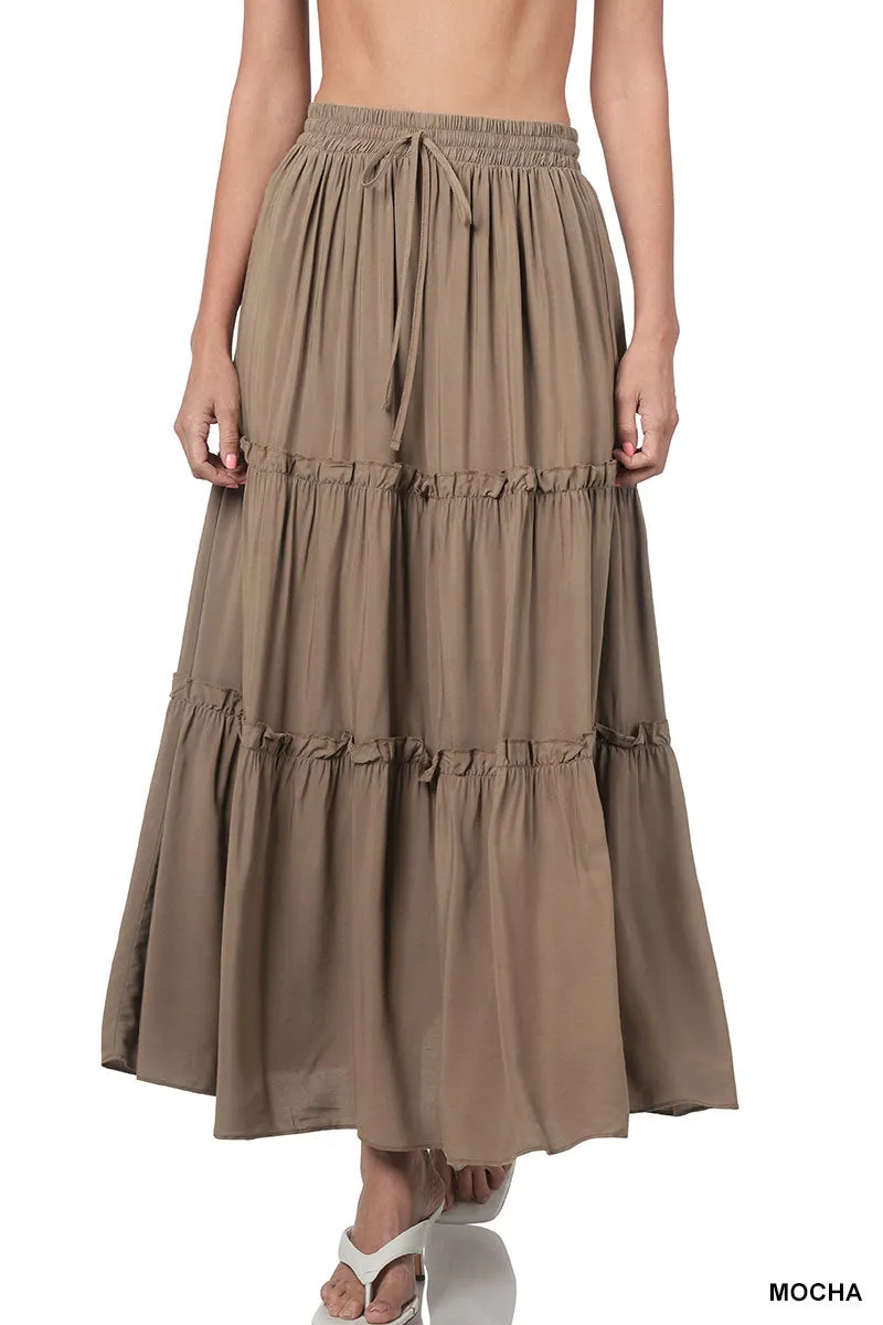 Women Boho Elastic Drawstring Waist Tiered Ruffle A-Line Woven Maxi Skirt