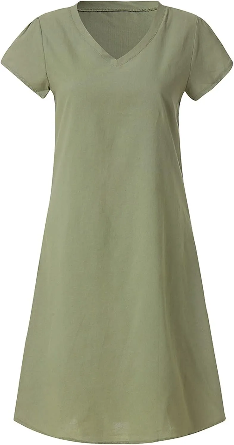 Women Cotton Linen Short Dress Plain V Neck Casual Dresses Short Sleeve Shift Dress Cute Travel Clothes Summer Outfits